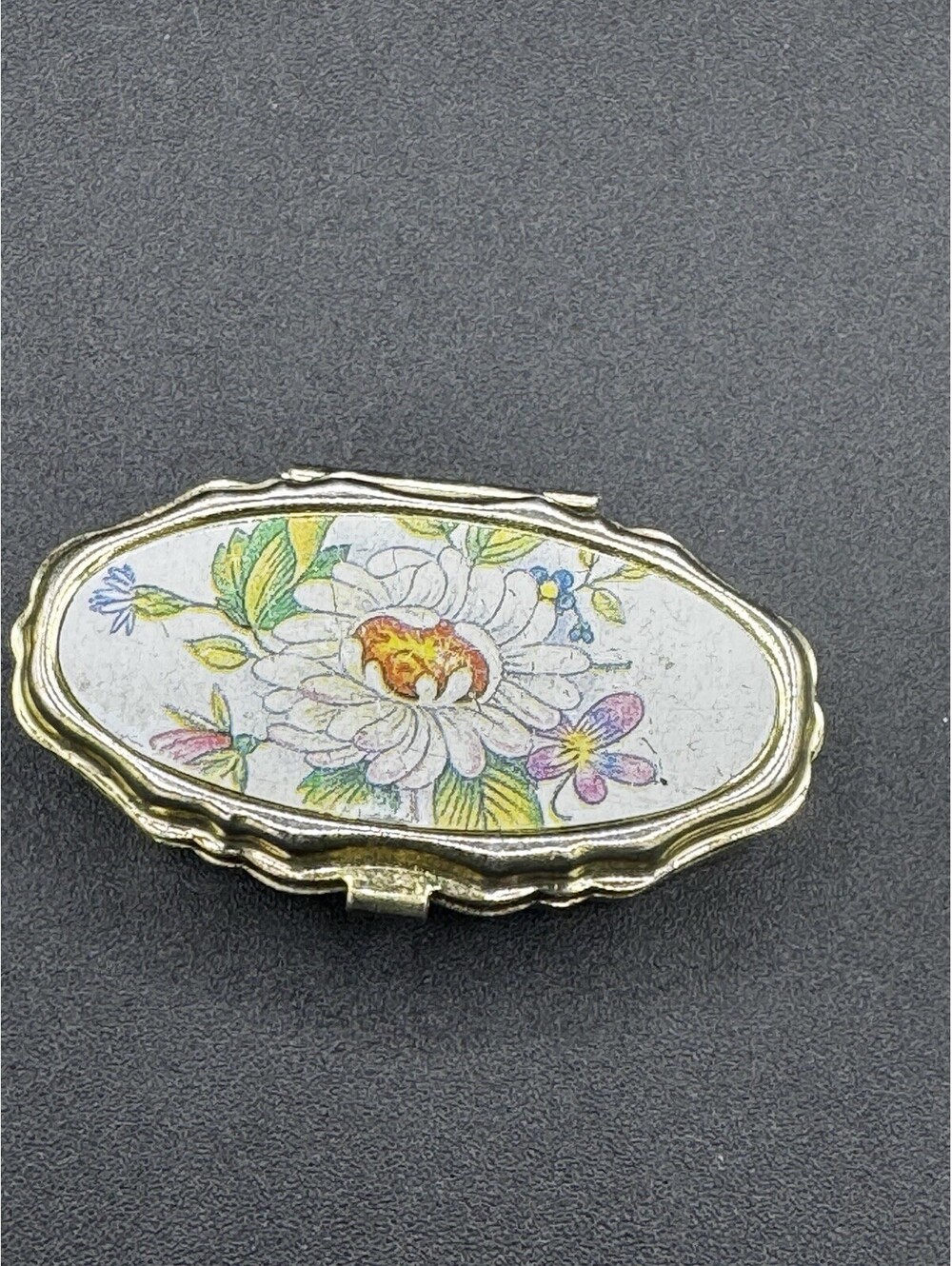 Gold Tone Metal Pillbox with Floral Top Vintage 1960's Keepsake Box